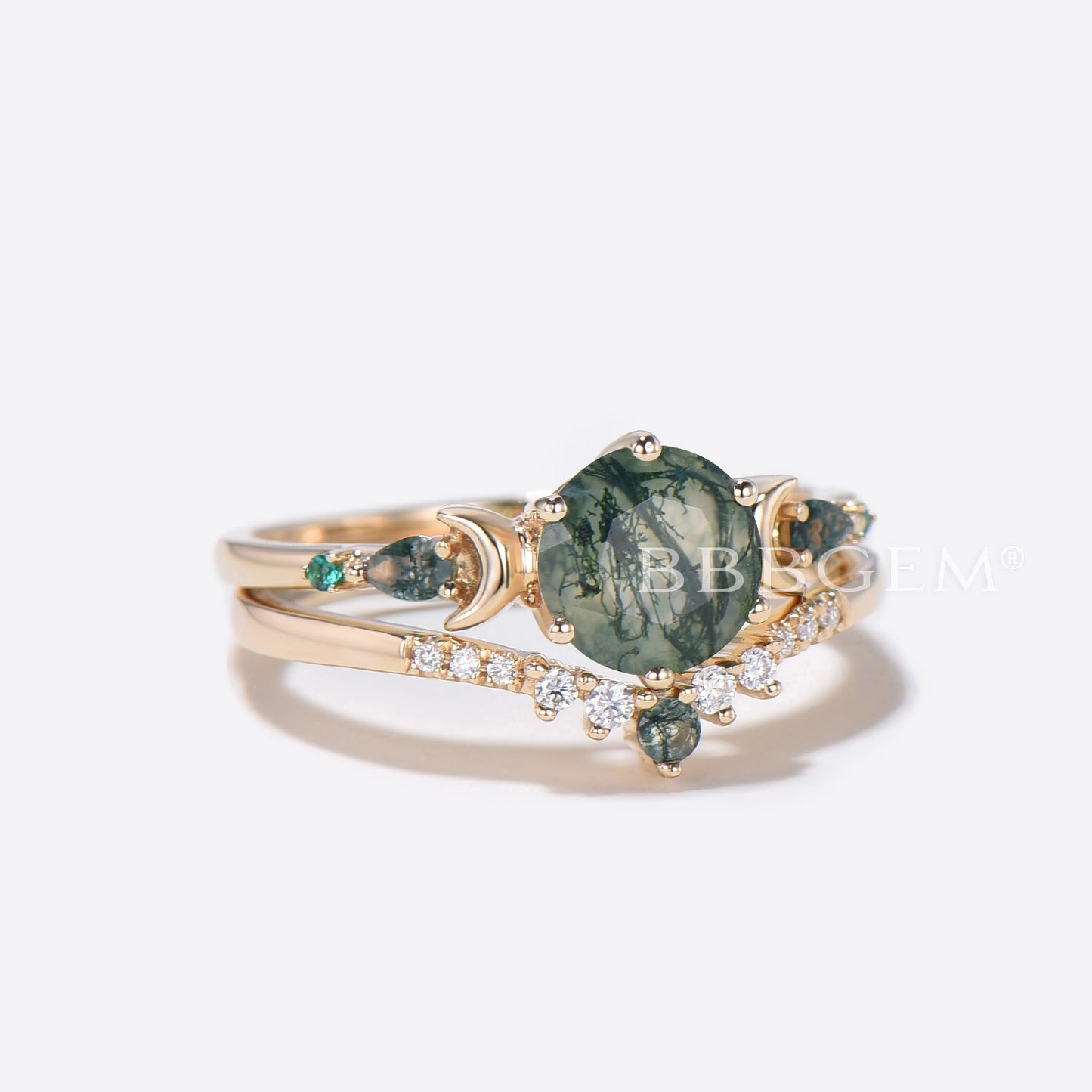 Moss Agate Moon Engagement Ring 14k Gold Aquatic Agate Ring