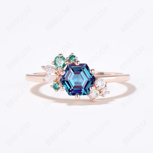 June Birthstone Ring Hexagon Cut Cluster Color Change Alexandrite Engagement Ring Vintage 14k Gold Moissanite Emerald Promise Ring