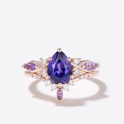 Pear Shaped Purple Sapphire Engagement Ring Twist Shank Ring