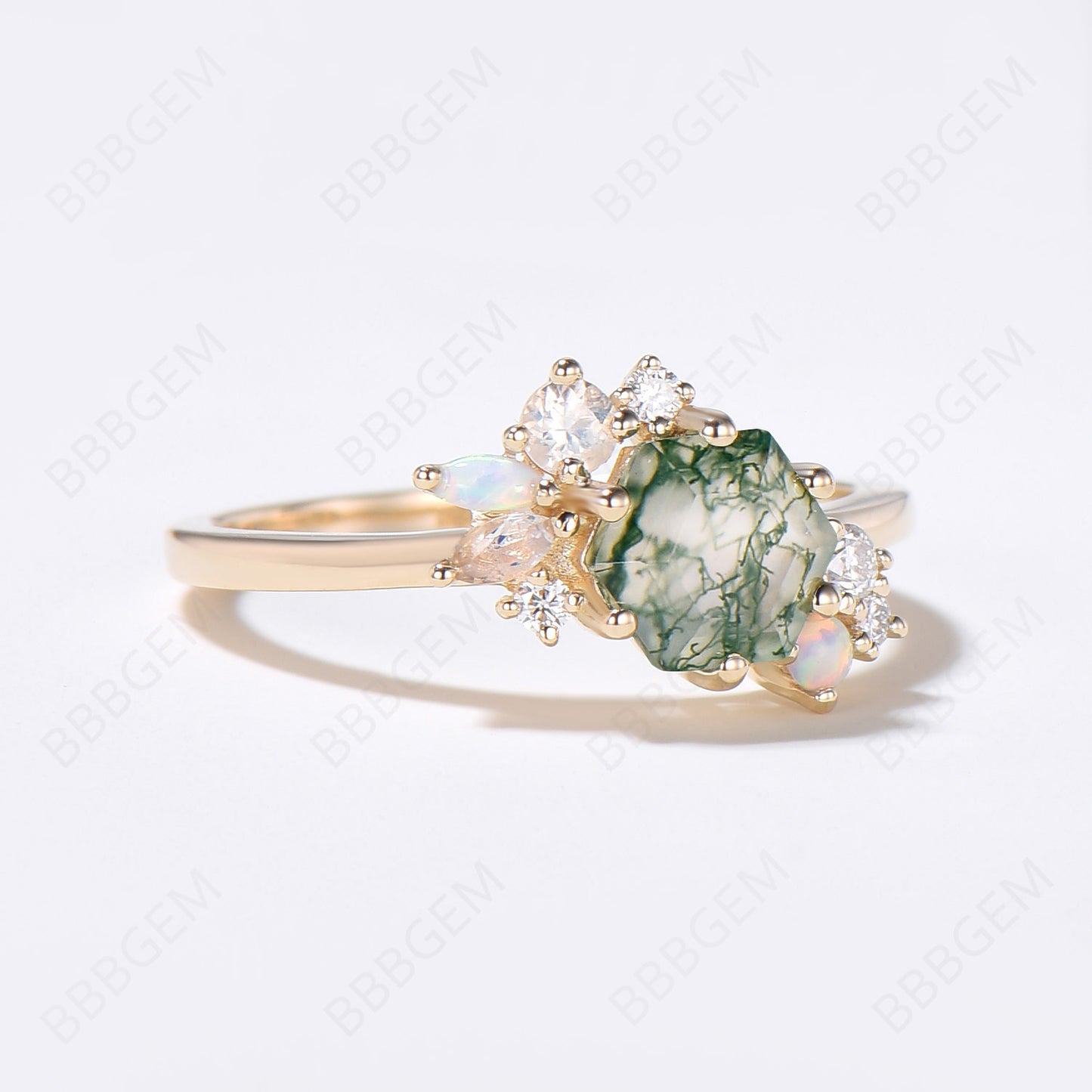 Cluster Moss Agate Ring Hexagon Cut Engagement Ring