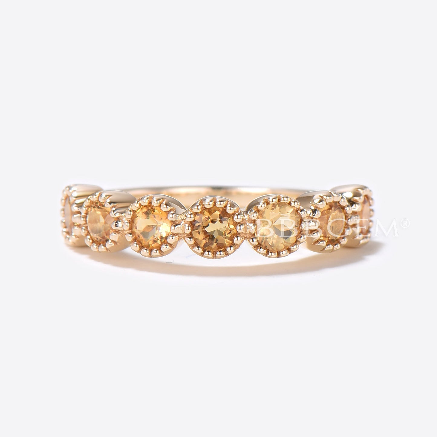 3mm Round Citrine Wedding Band 7-Stone Anniversary Bridal Ring 14K Yellow Gold Milgrain Women November Birthstone Ring