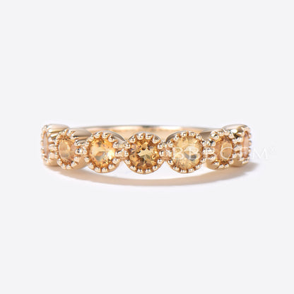 3mm Round Citrine Wedding Band 7-Stone Anniversary Bridal Ring 14K Yellow Gold Milgrain Women November Birthstone Ring