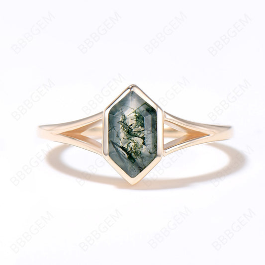 Unique Long Hexagon Cut Natural Moss Agate Ring 14k Solid Gold Green Agate Solitaire Ring Art Deco Split Shank Ring Bezel Set Promise Ring