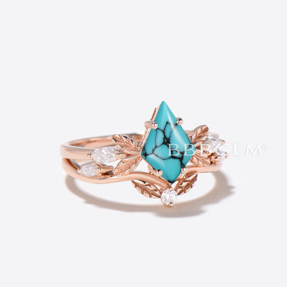 Leaf Design Natural Turquoise Engagement Ring Kite Cut Turquoise Ring