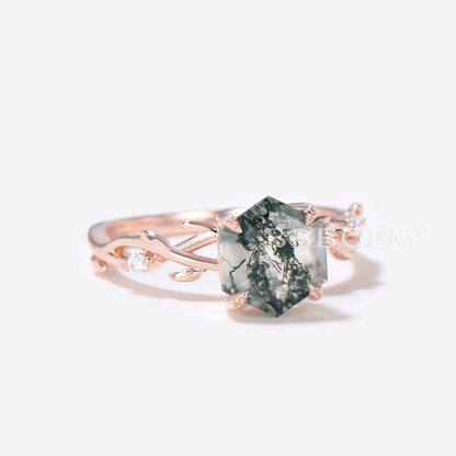 Twig Vine Natural Moss Agate Ring Hexagon Cut Green Moss Ring