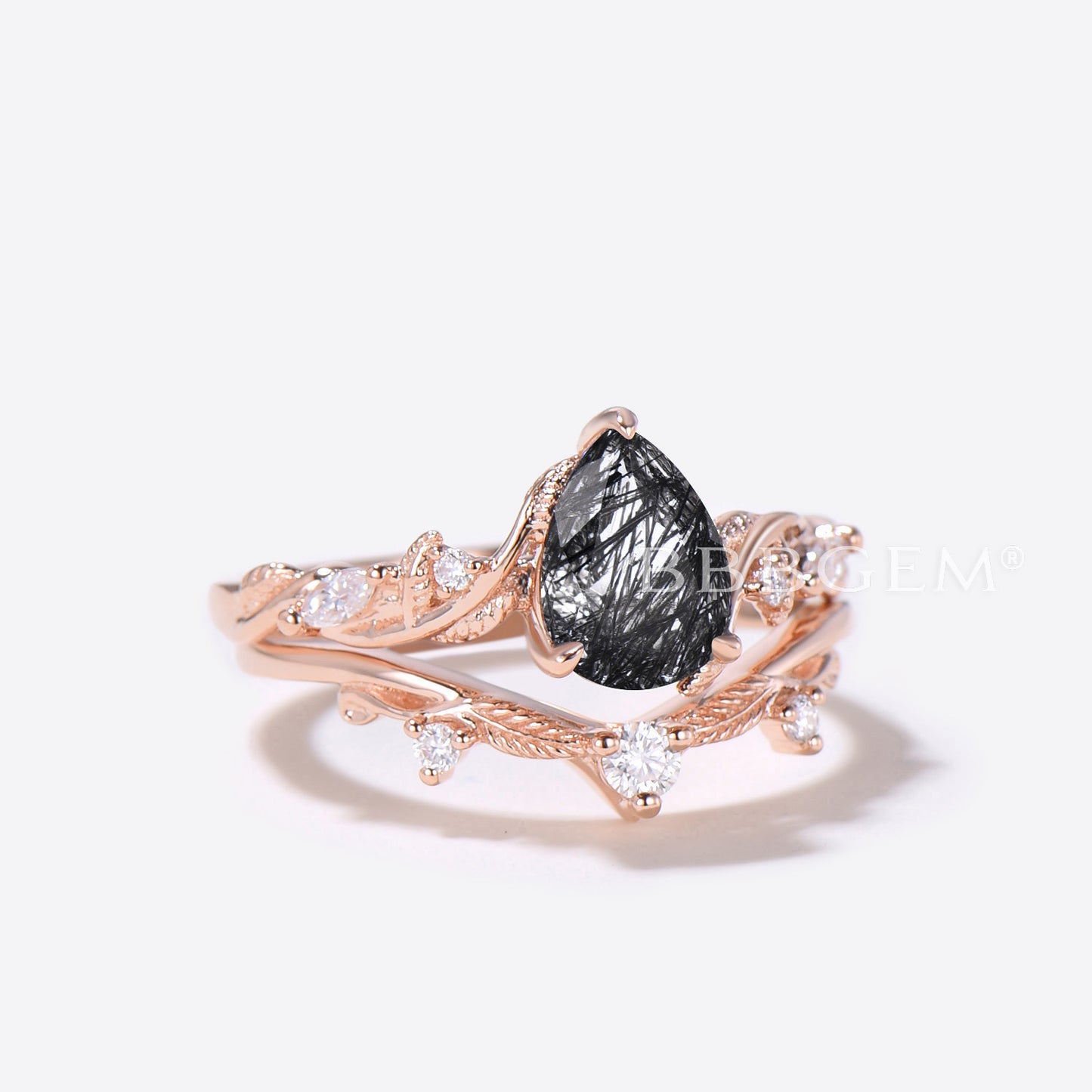 Teardrop Black Rutilated Quartz Engagement Ring Leaf Branch Ring