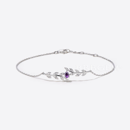 Nature inspired Pear Shaped Amethyst Bracelet White Gold Twig Leaf Bracelet