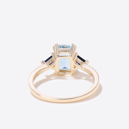 14k Gold Emerald Cut Natural Aquamarine Engagement Ring 3 Stone Ring