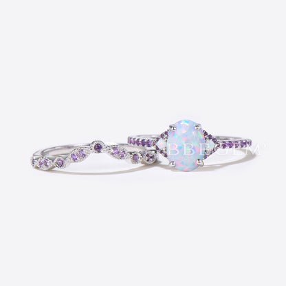 Amethyst Halo Accents Lab Opal Three Stone Engagement Ring Set in 14K