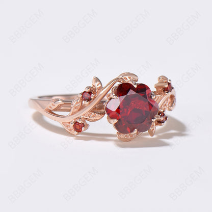 Leaf Garnet Ring Rose Cut Natural Red Garnet Engagement Ring