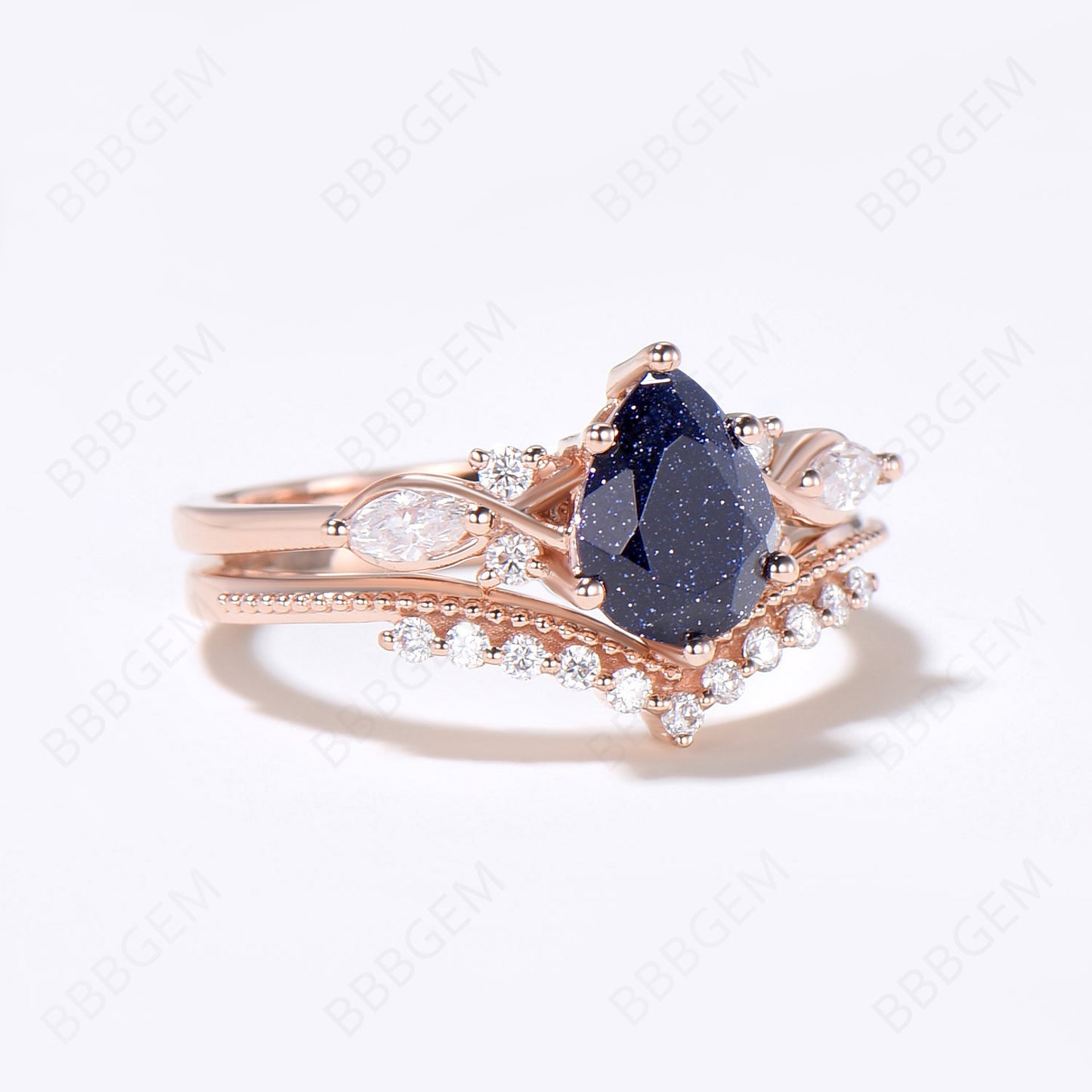 Teardrop Blue Sandstone Ring Set Cluster 7 Stone Milgrain Ring