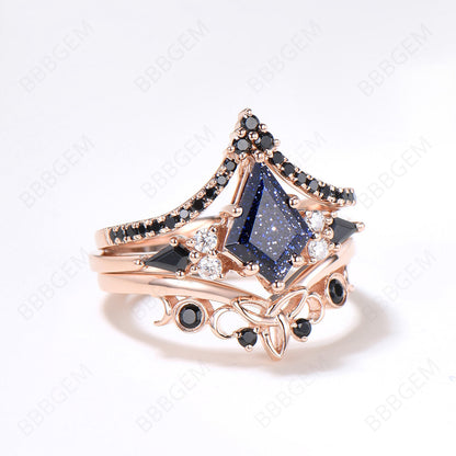 3pcs Kite Galaxy Blue Sandstone Engagement Ring 14k Rose Gold Ring Set Unique Celtic Knot Black Diamond Bridal Set Black Wedding Ring Set