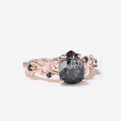 Branch Leaf Pear Shaped Black Rutilated Quartz Engagement Ring