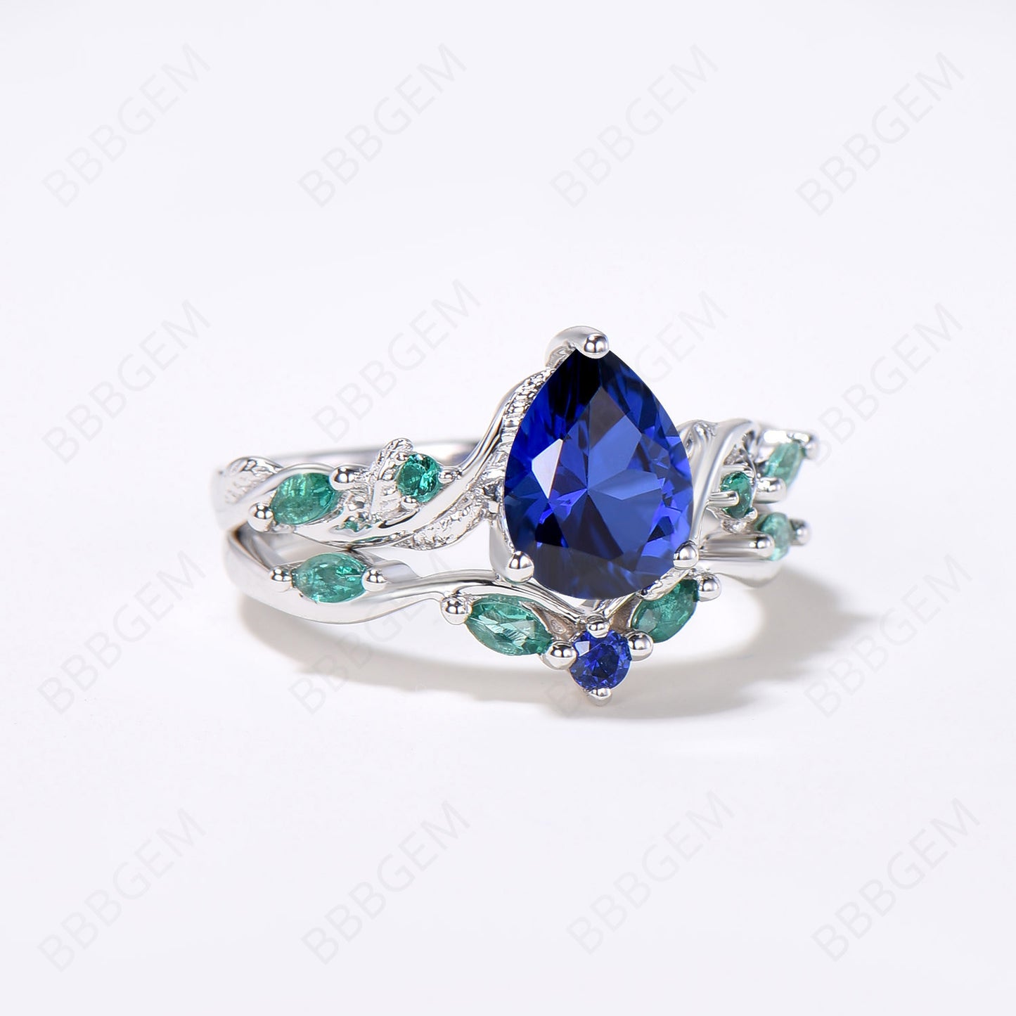 Nature Inspired Pear Blue Sapphire Ring Set Vintage Sapphire Emerald Bridal Ring Set Twig Leaf Vine Wedding Ring September Birthstone Jewelry