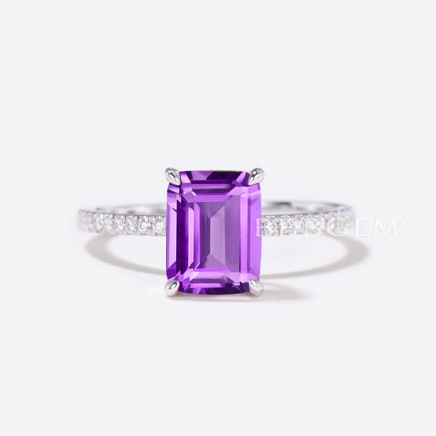 2CT Emerald Cut Natural Amethyst Ring Diamond Wedding Ring