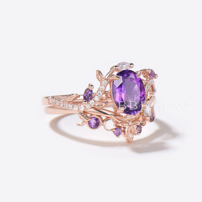 14K Rose Gold Enchanted Twigs 1.5CT Oval Amethyst Engagement Ring Set