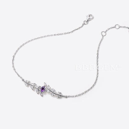 Nature inspired Pear Shaped Amethyst Bracelet White Gold Twig Leaf Bracelet