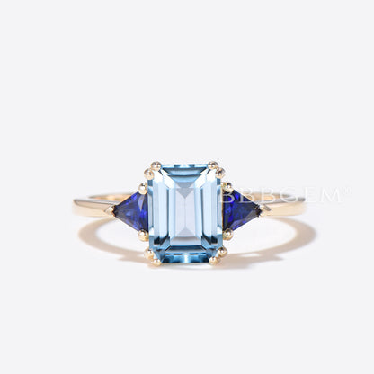 14k Gold Emerald Cut Natural Aquamarine Engagement Ring 3 Stone Ring