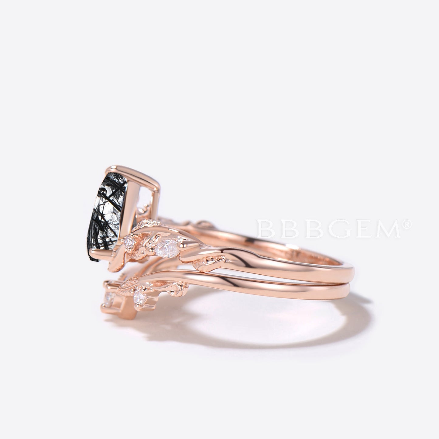 Teardrop Black Rutilated Quartz Engagement Ring Leaf Branch Ring