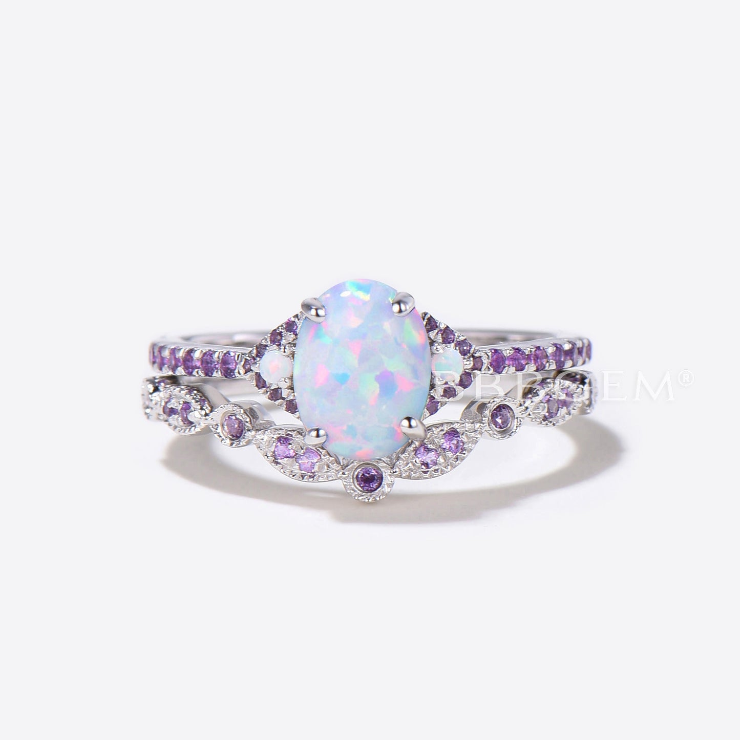 Amethyst Halo Accents Lab Opal Three Stone Engagement Ring Set in 14K