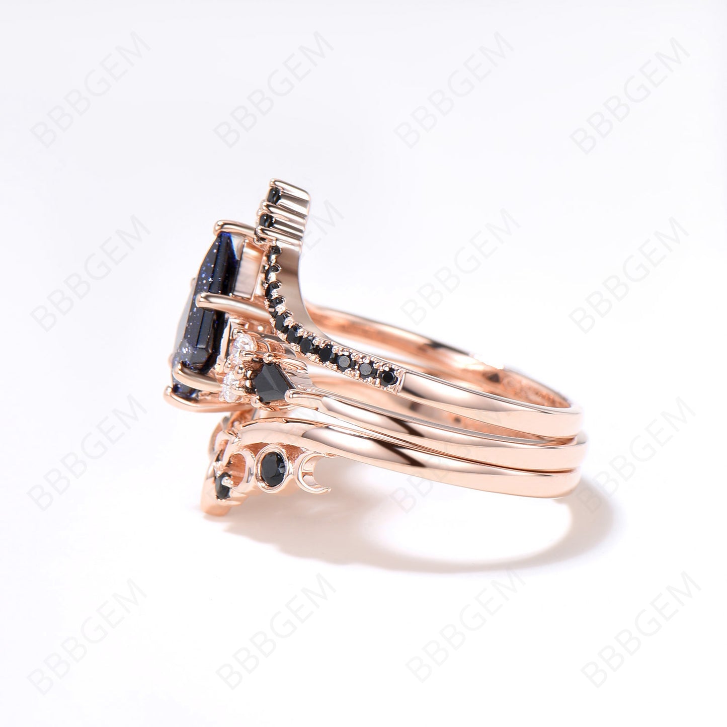 3pcs Kite Galaxy Blue Sandstone Engagement Ring 14k Rose Gold Ring Set Unique Celtic Knot Black Diamond Bridal Set Black Wedding Ring Set