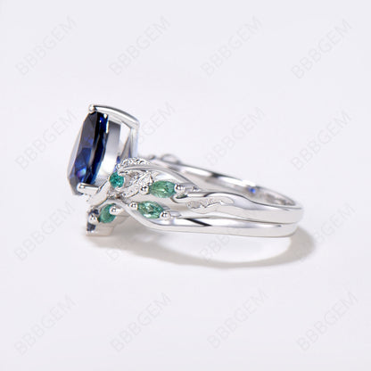 Nature Inspired Pear Blue Sapphire Ring Set Vintage Sapphire Emerald Bridal Ring Set Twig Leaf Vine Wedding Ring September Birthstone Jewelry