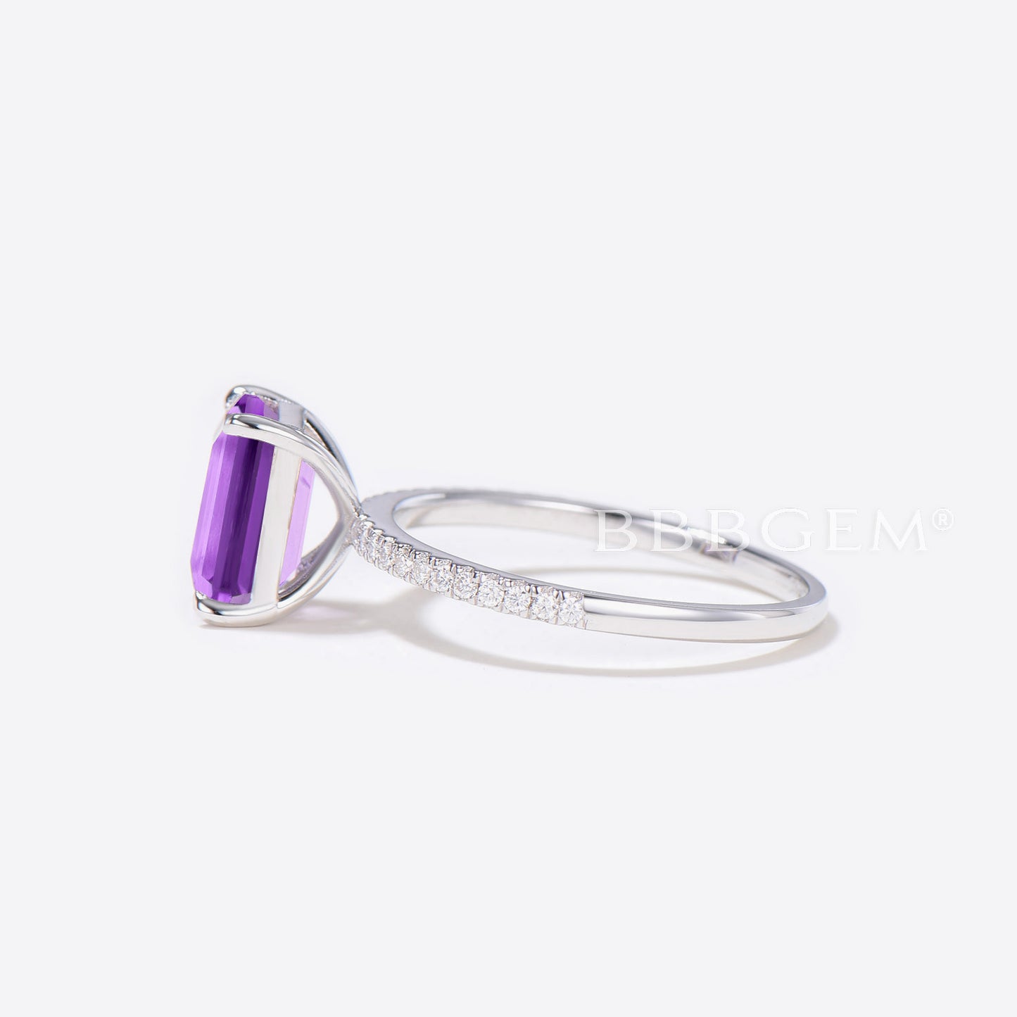 2CT Emerald Cut Natural Amethyst Ring Diamond Wedding Ring