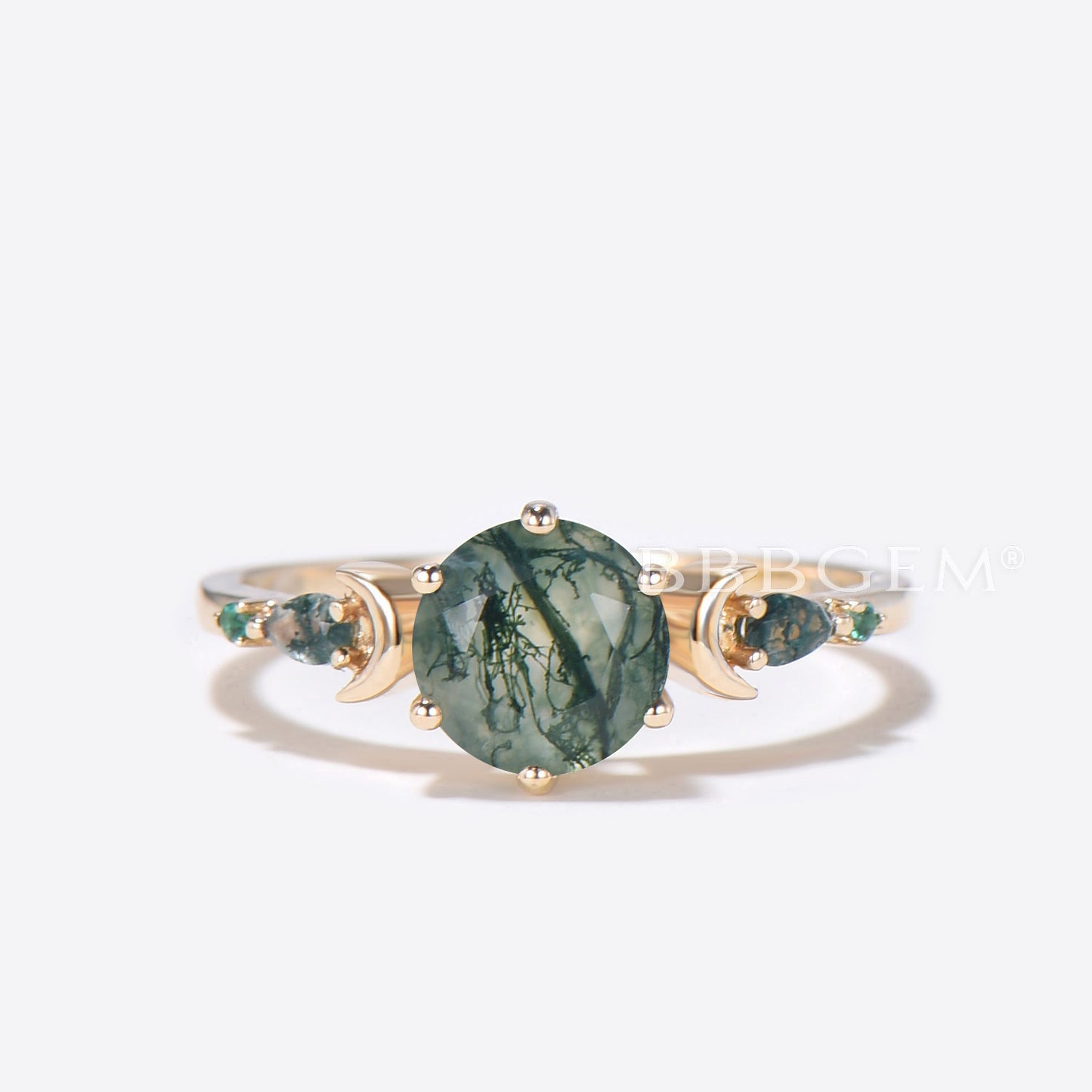 Moss Agate Moon Engagement Ring 14k Gold Aquatic Agate Ring