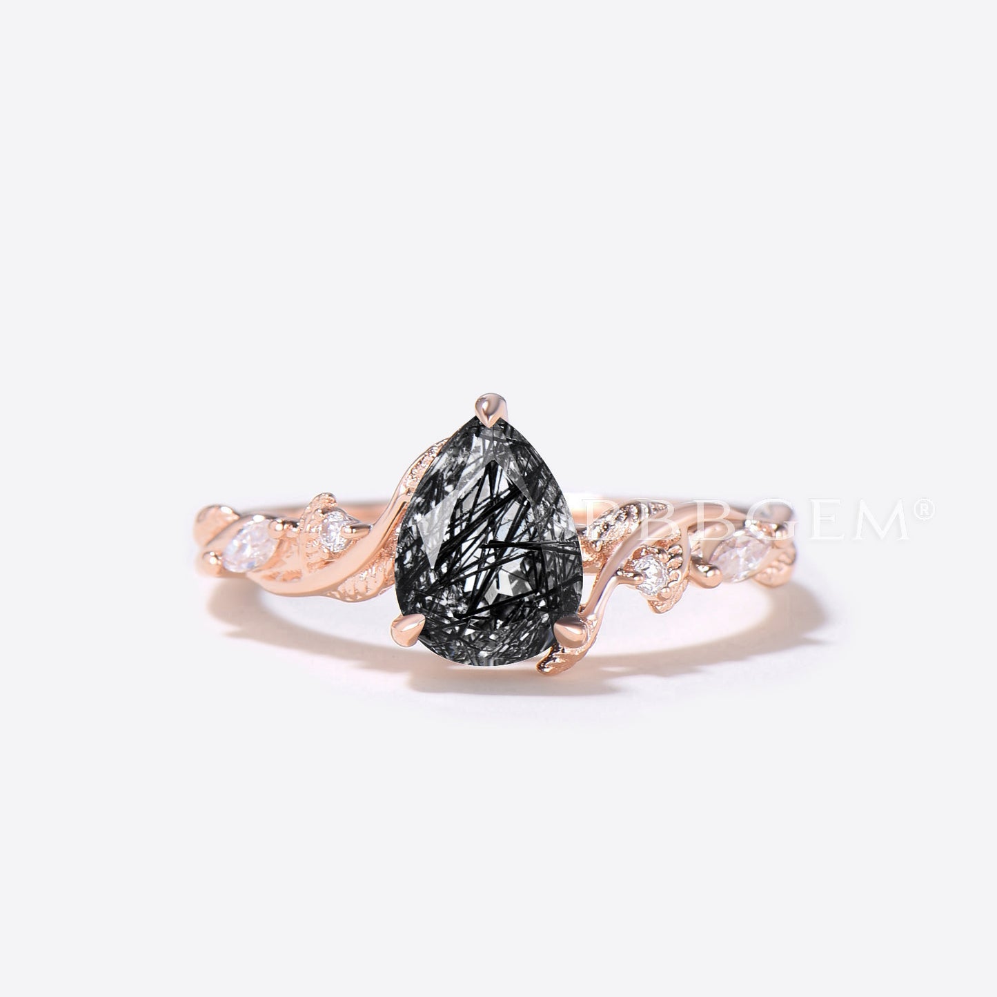 Teardrop Black Rutilated Quartz Engagement Ring Leaf Branch Ring