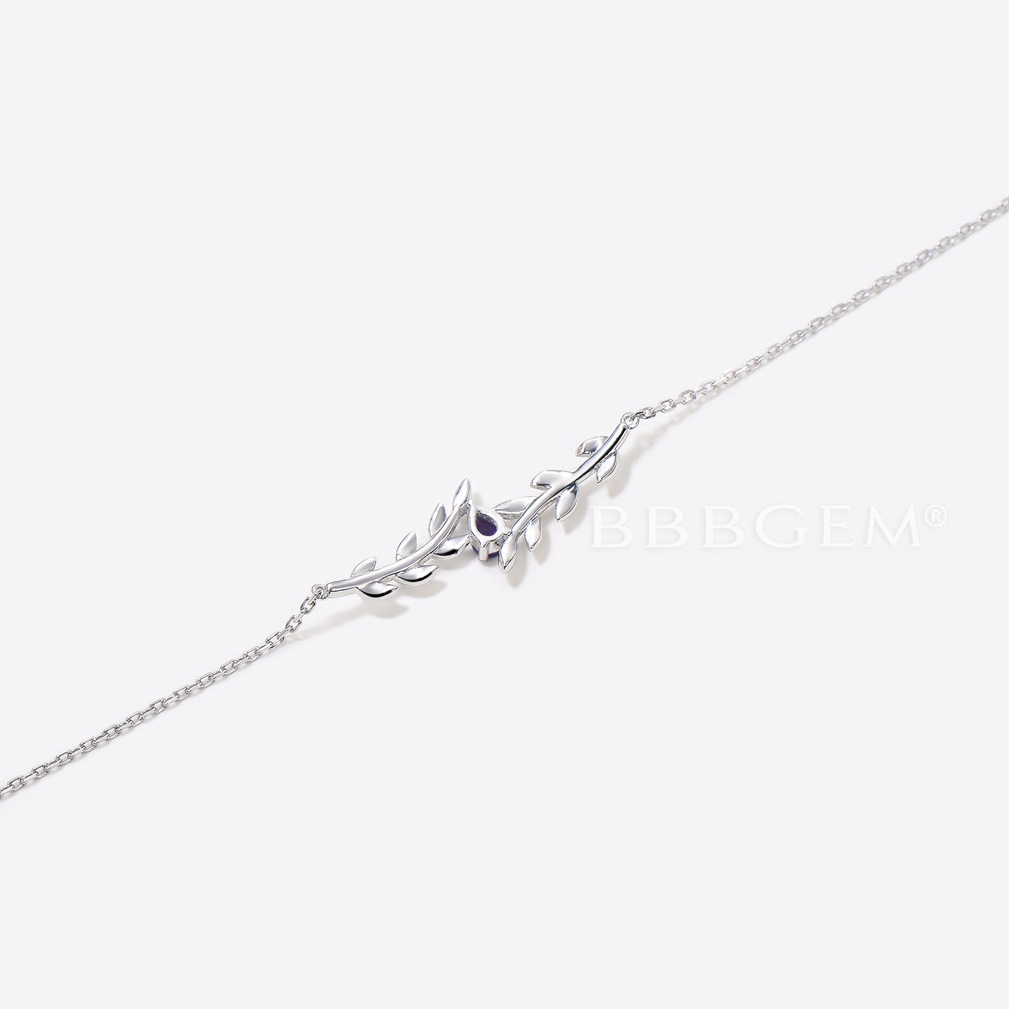 Nature inspired Pear Shaped Amethyst Bracelet White Gold Twig Leaf Bracelet