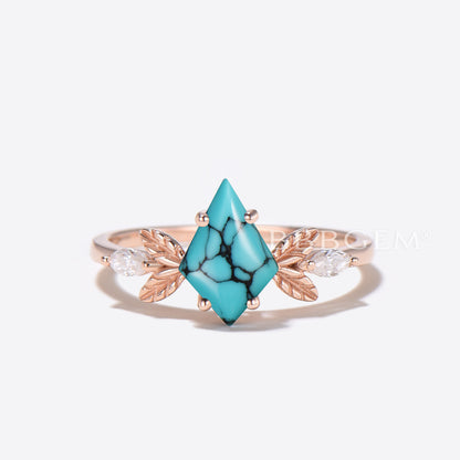 Leaf Design Natural Turquoise Engagement Ring Kite Cut Turquoise Ring