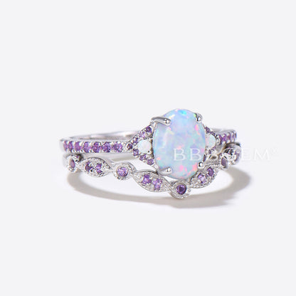 Amethyst Halo Accents Lab Opal Three Stone Engagement Ring Set in 14K