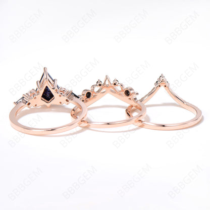 3pcs Kite Galaxy Blue Sandstone Engagement Ring 14k Rose Gold Ring Set Unique Celtic Knot Black Diamond Bridal Set Black Wedding Ring Set