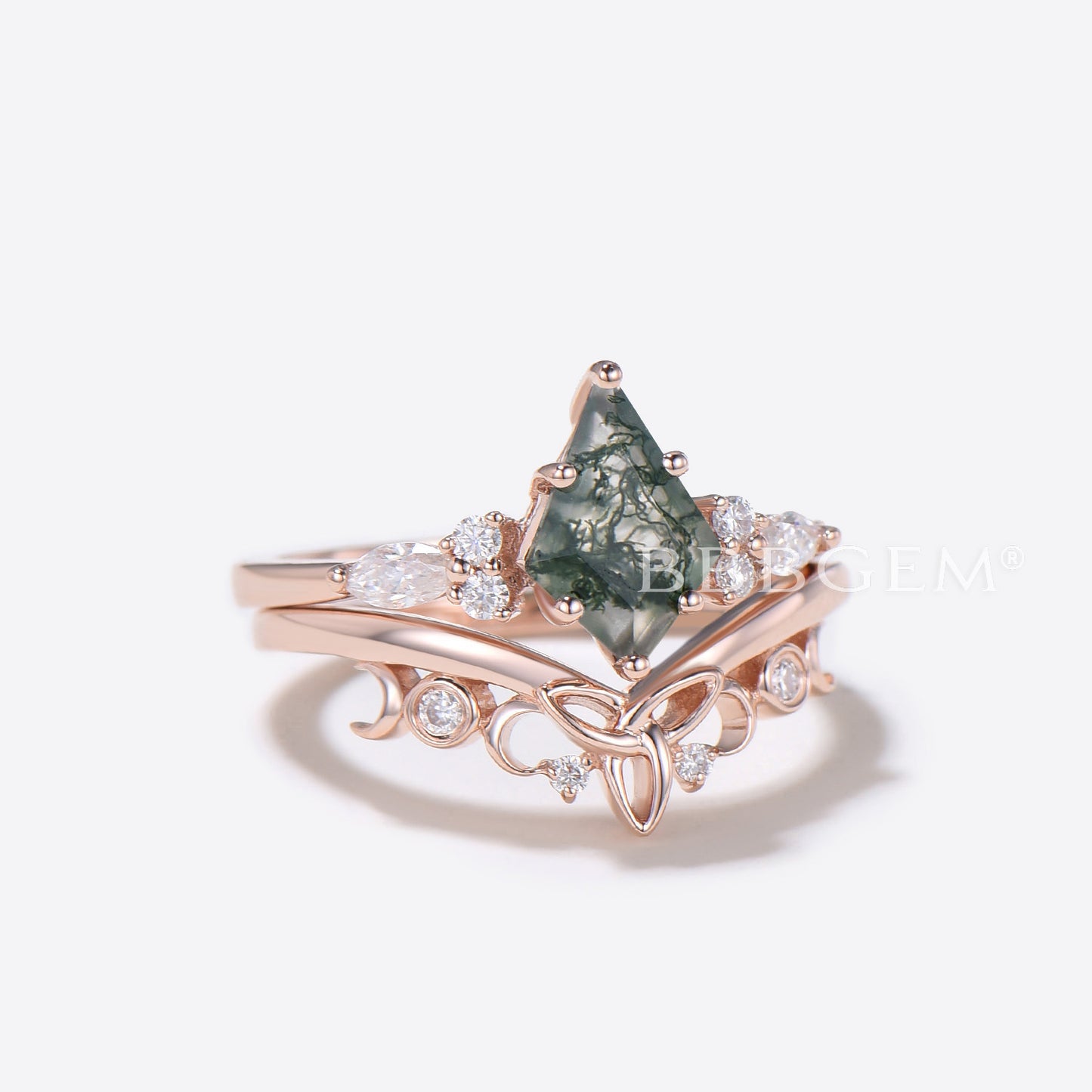 Celtic Knot Moss Agate Engagement Ring Set Moon Moissanite Ring