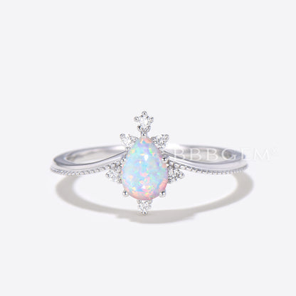 14K/18K Gold Vintage Pear Shaped Opal White Gold Engagement Ring Milgrain Bridal Set