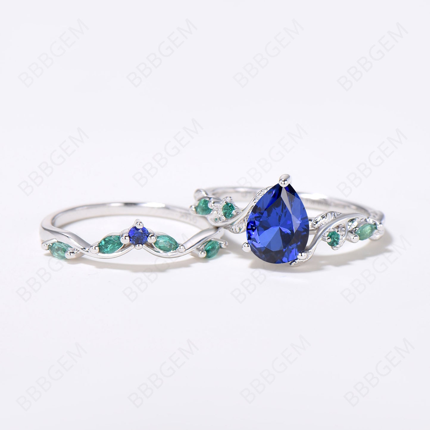 Nature Inspired Pear Blue Sapphire Ring Set Vintage Sapphire Emerald Bridal Ring Set Twig Leaf Vine Wedding Ring September Birthstone Jewelry