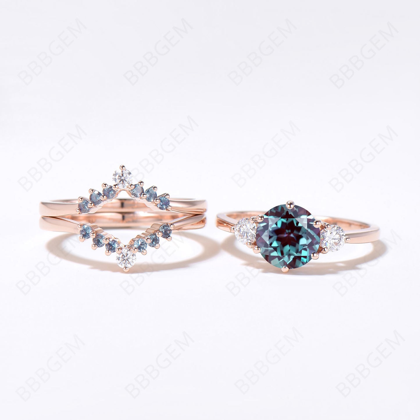 3pcs Alexandrite Bridal Ring Set 14k Gold Round Alexandrite Engagement Ring Set Cluster Moissanite Wedding Ring Three Stone ring