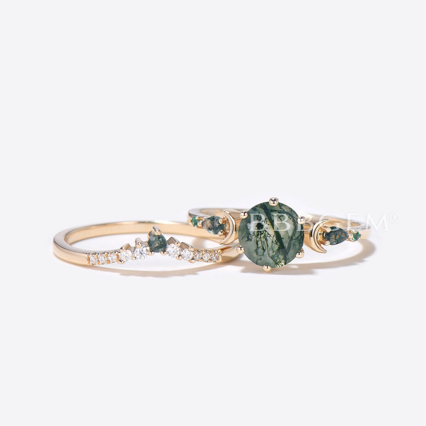 Moss Agate Moon Engagement Ring 14k Gold Aquatic Agate Ring