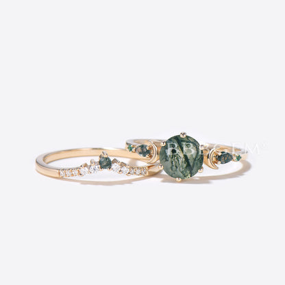 Moss Agate Moon Engagement Ring 14k Gold Aquatic Agate Ring