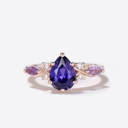 Pear Shaped Purple Sapphire Engagement Ring Twist Shank Ring