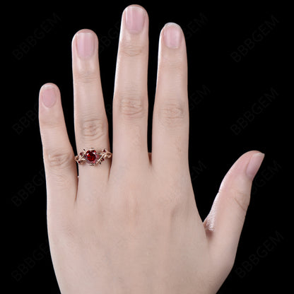 Leaf Garnet Ring Rose Cut Natural Red Garnet Engagement Ring