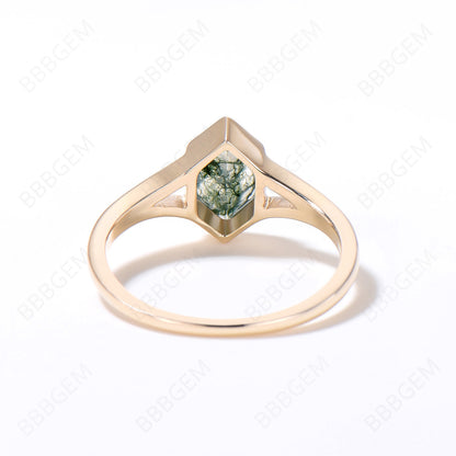 Unique Long Hexagon Cut Natural Moss Agate Ring 14k Solid Gold Green Agate Solitaire Ring Art Deco Split Shank Ring Bezel Set Promise Ring