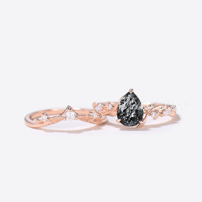 Teardrop Black Rutilated Quartz Engagement Ring Leaf Branch Ring