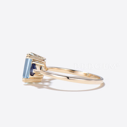 14k Gold Emerald Cut Natural Aquamarine Engagement Ring 3 Stone Ring