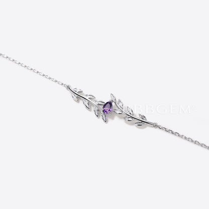 Nature inspired Pear Shaped Amethyst Bracelet White Gold Twig Leaf Bracelet