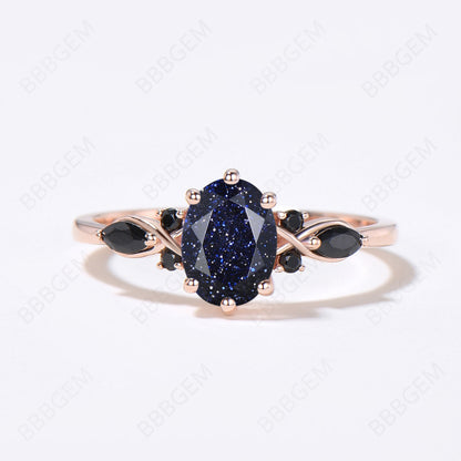 7 Stone Galaxy Blue Sandstone Ring Set Cluster Oval Ring