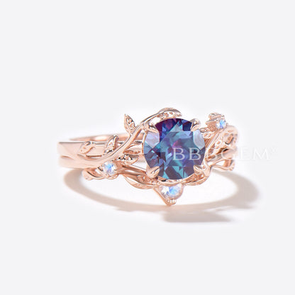 Rose Gold Leaf Round Alexandrite Engagement Ring Set Branch Vine Moonstone Bridal Set