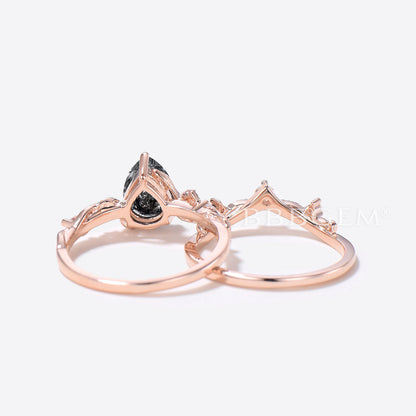 Teardrop Black Rutilated Quartz Engagement Ring Leaf Branch Ring