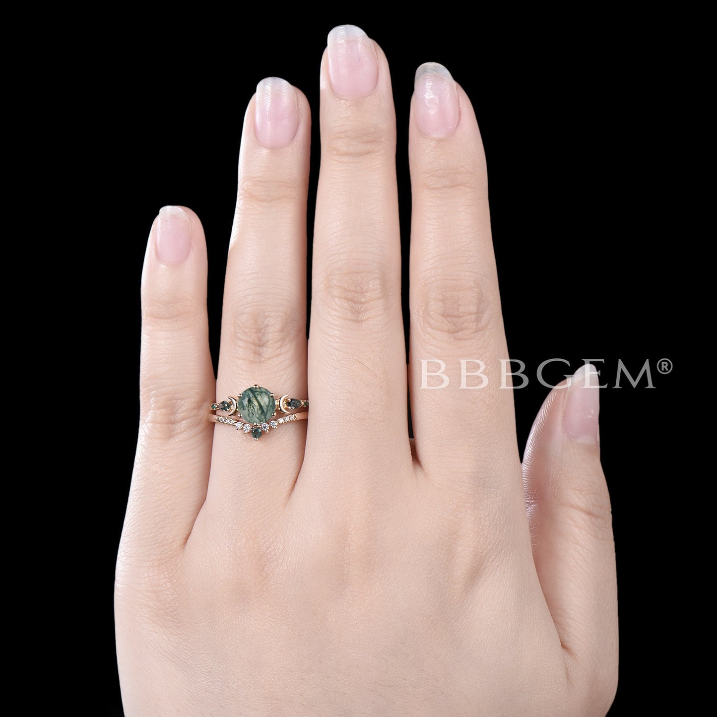 Moss Agate Moon Engagement Ring 14k Gold Aquatic Agate Ring