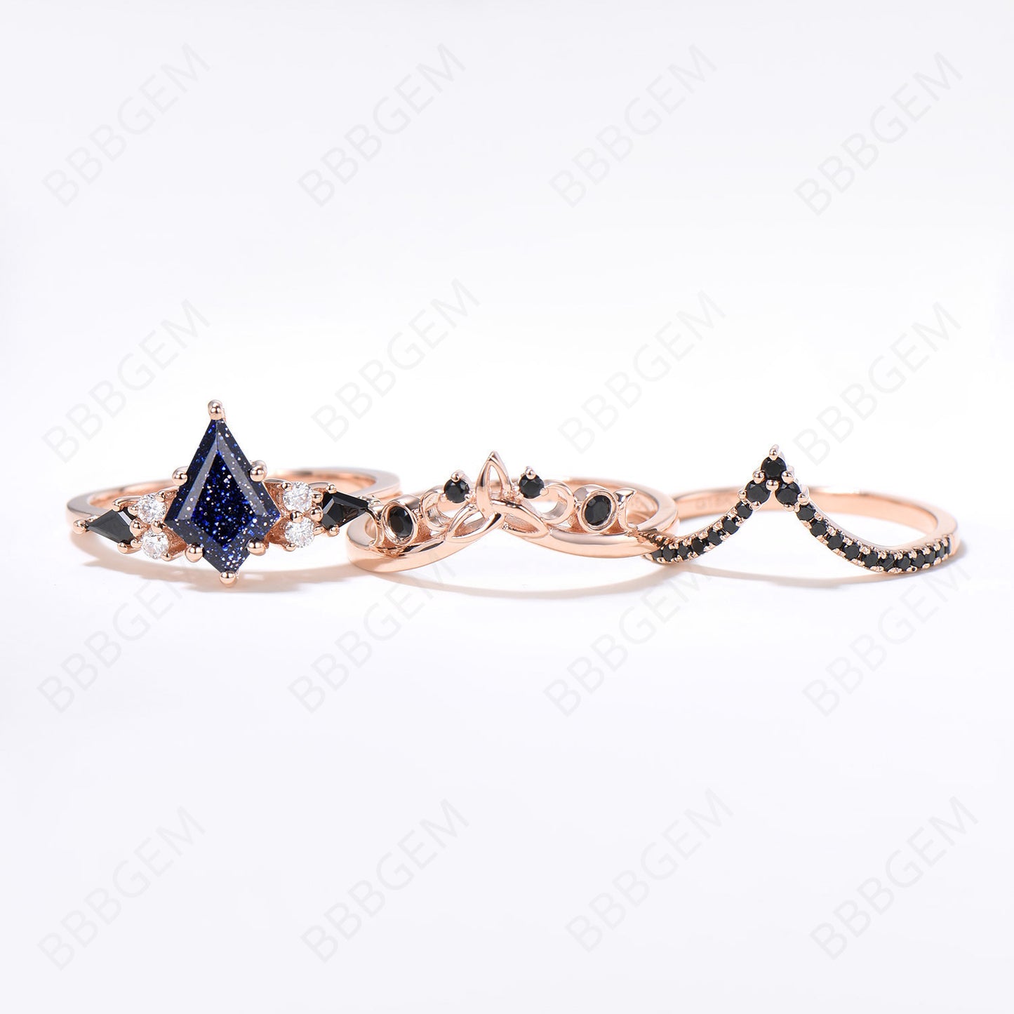 3pcs Kite Galaxy Blue Sandstone Engagement Ring 14k Rose Gold Ring Set Unique Celtic Knot Black Diamond Bridal Set Black Wedding Ring Set